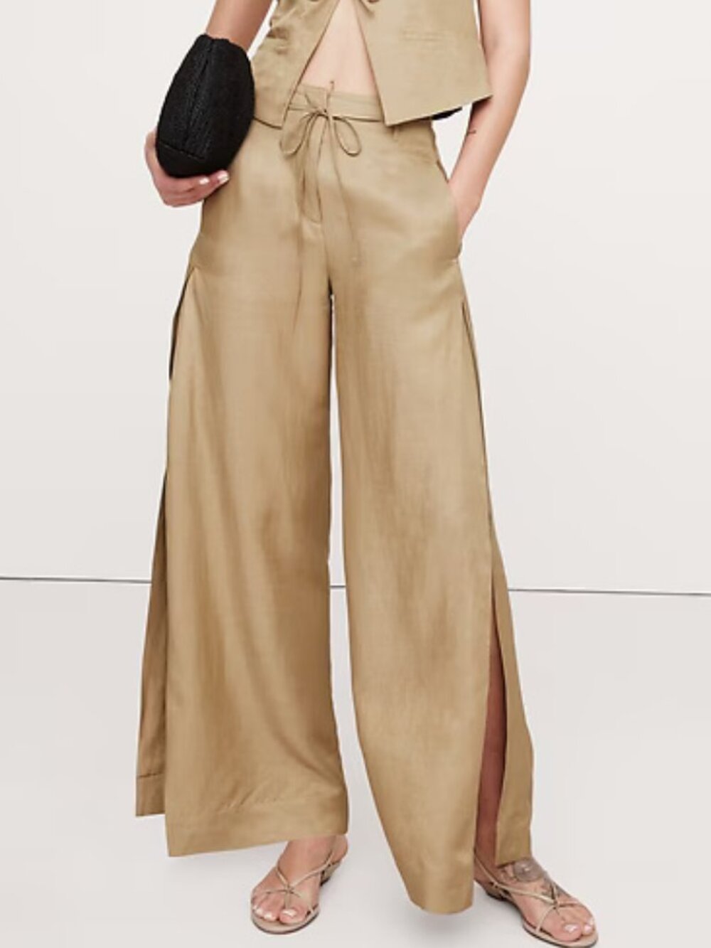 Banana Republic Tan Wide Slit Leg Linen Blend Pants Women’s 12L 12 Long NEW